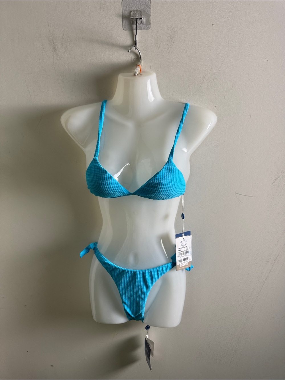 Ribbed Turquoise Triangle Bikini Set with Tie Sides - Women Swim
